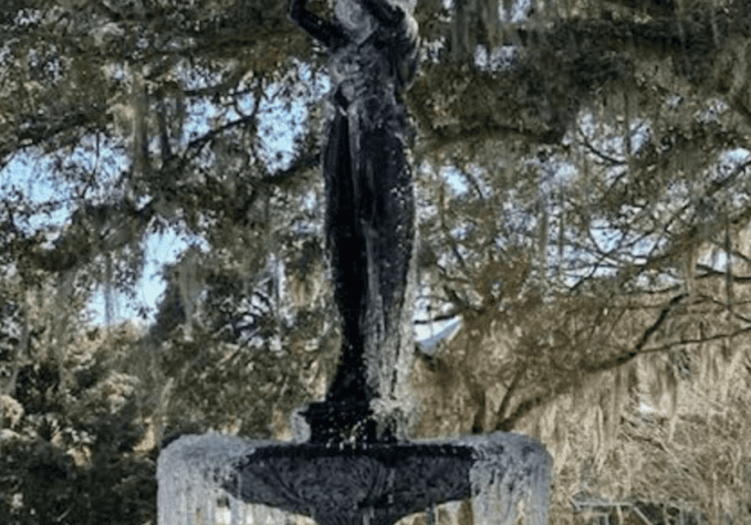 The Garden Keeper fountain, frozen in time.